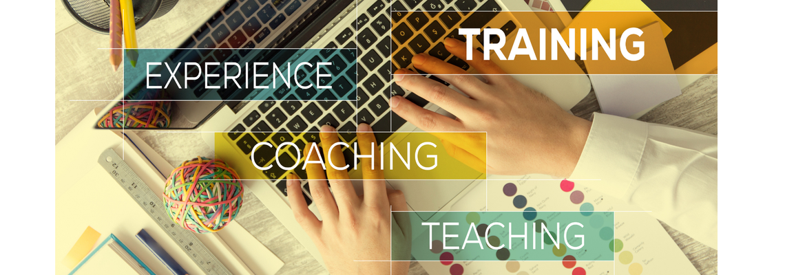 "training" "experience" "coaching" and "teaching" over a man typing