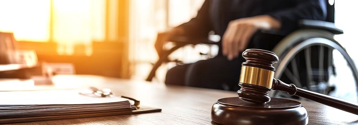 Gavel and legal file in table with disabled person in wheelchair