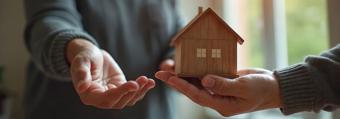 Senior man handing house model to young women