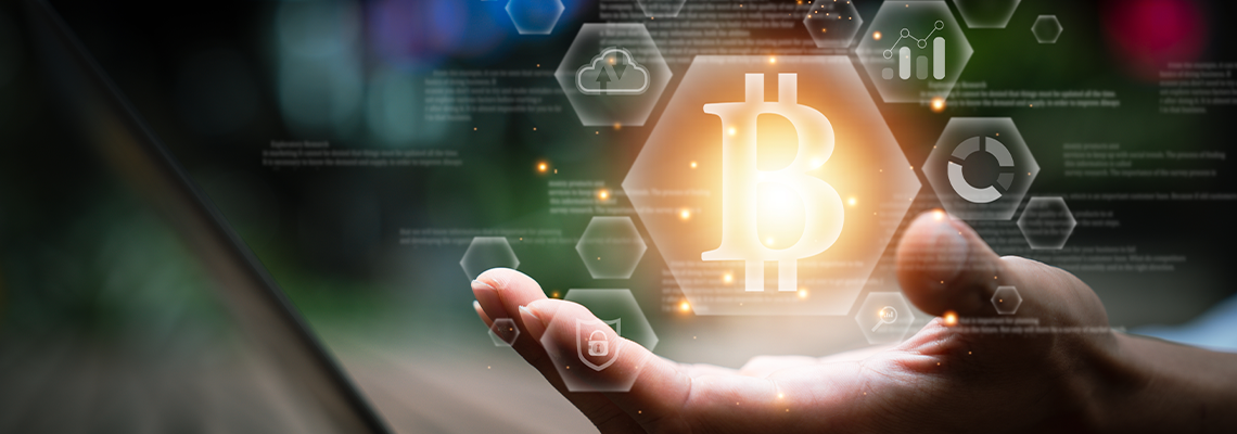 Man hand and bitcoin crypto currency block chain