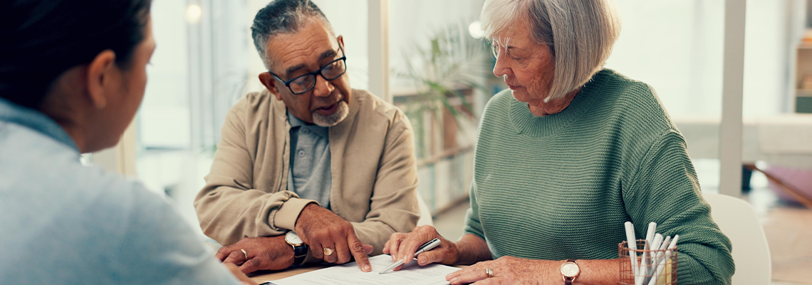 Office, lawyer or old couple with will, contract or document for retirement funding