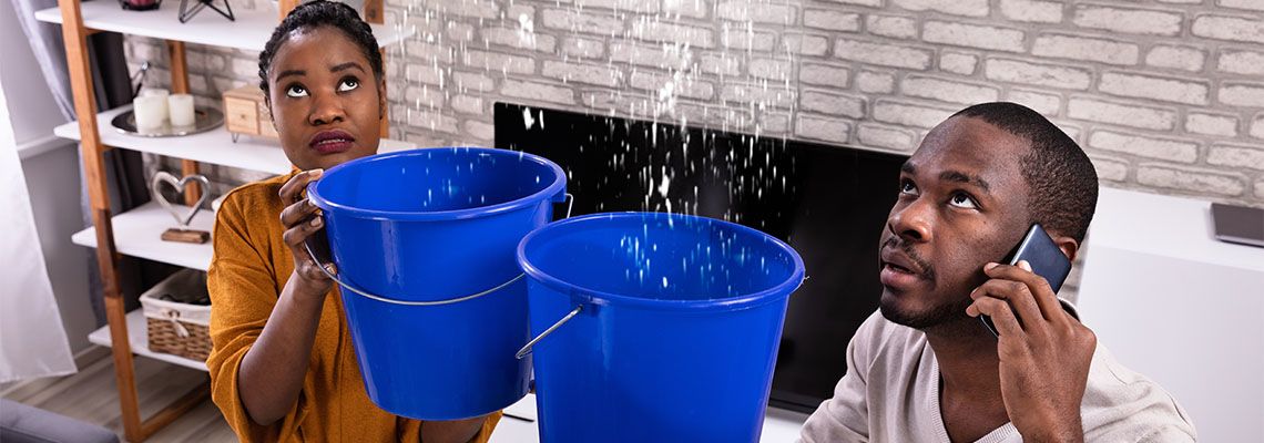 Couple Using Bucket For Collecting Water Leakage From Ceiling