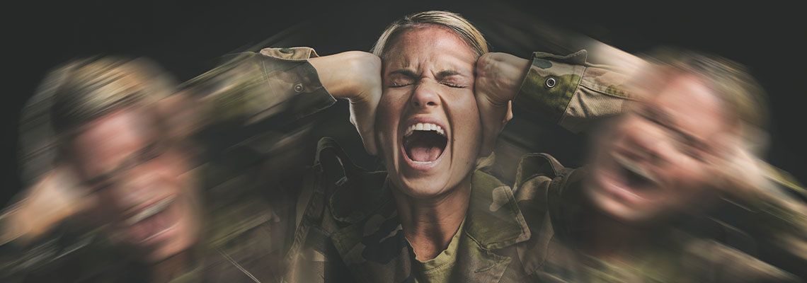 Bipolar woman, scared and shouting on dark