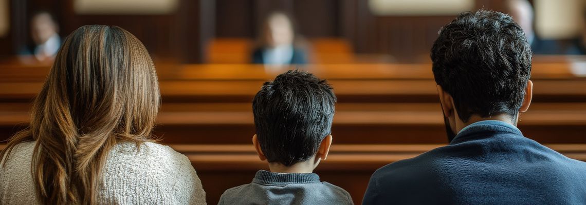 Divorced parents and child in courtroom awaiting custody decision