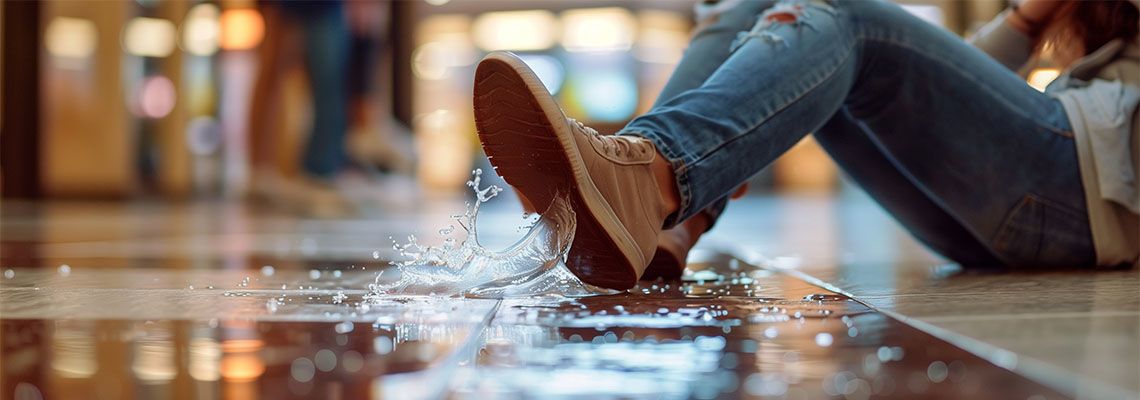 Man slips and falls in wet floor