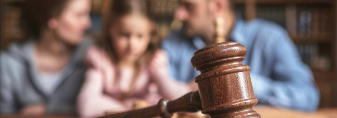Divorced couple and child with judge gavel in table