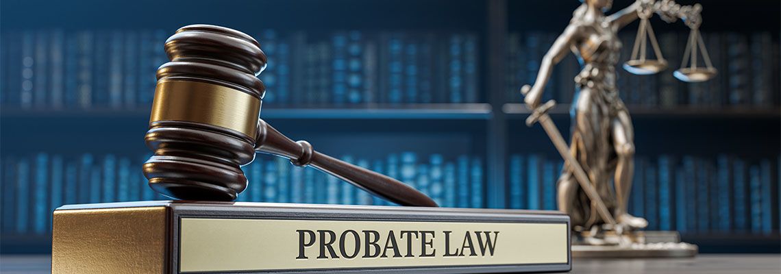 Probate law word with gavel and scale of justice