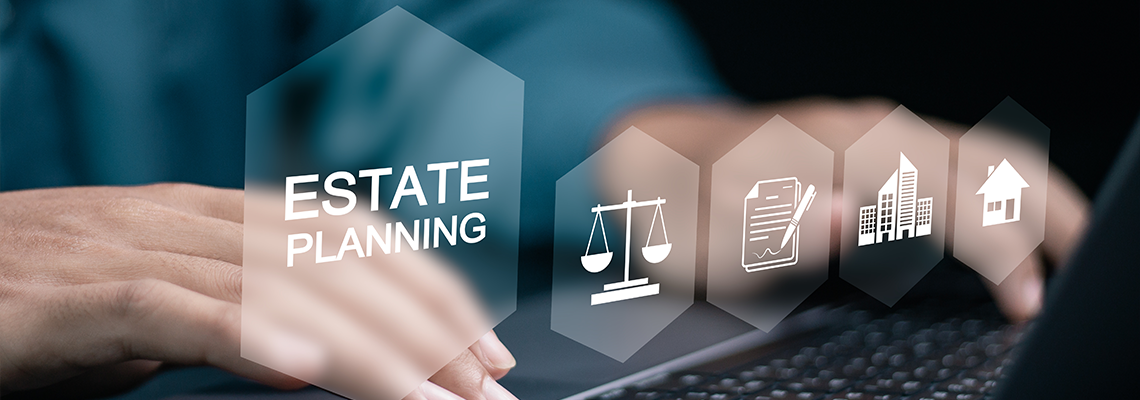 Businessman use laptop with estate planning icons on virtual screen