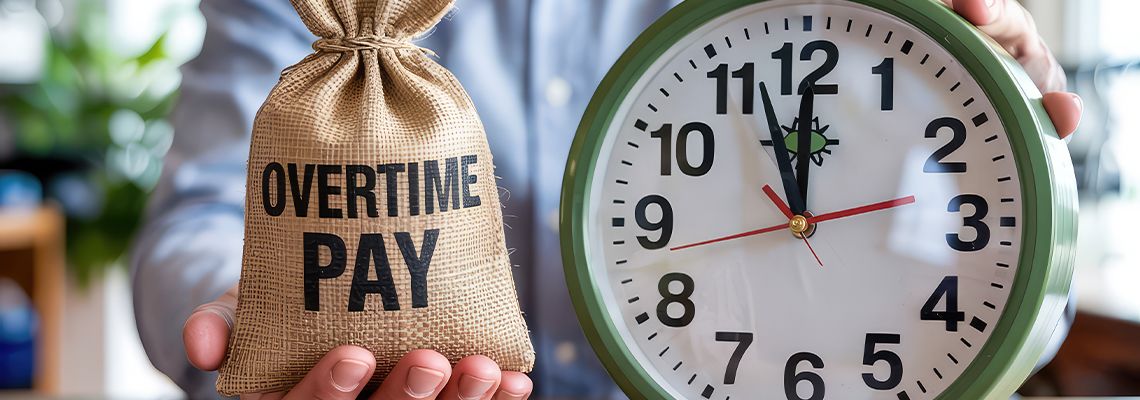 Man with clock and bag labelled Overtime Pay