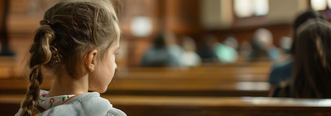 Sad child in courtroom