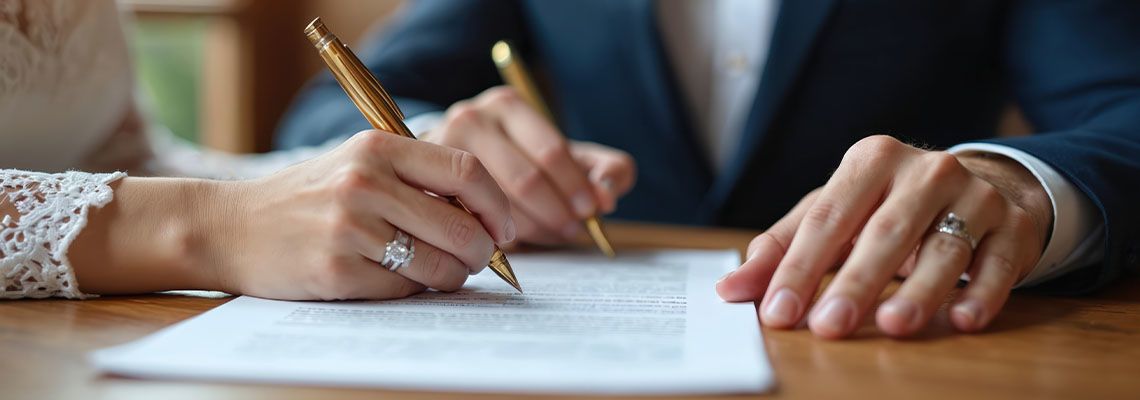 Newlywed couples signing agreement paper