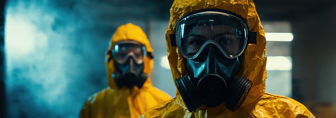 Worker in hazmat suit and face mask