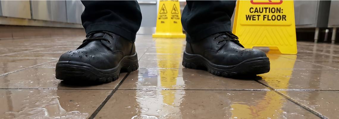 Person standing near yellow sign warning about wet flooring