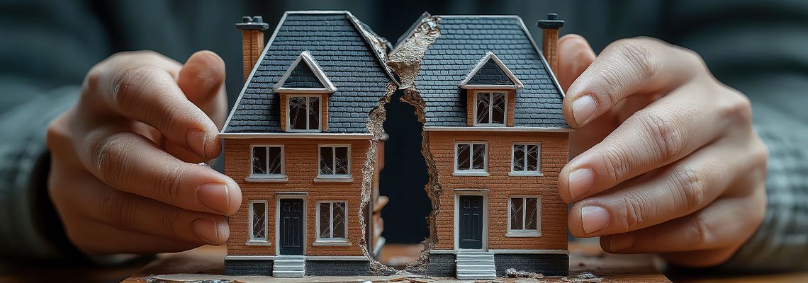 Hands hold model house split in two