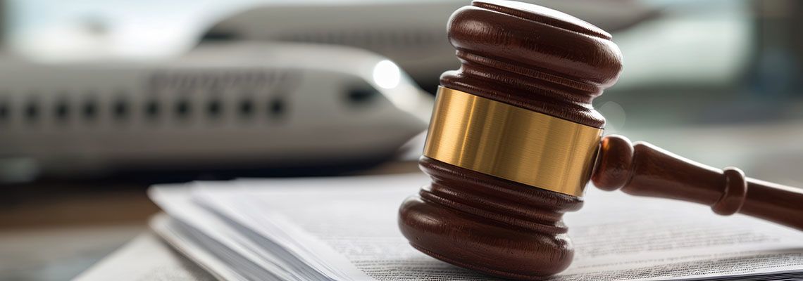 Gavel on top of legal documents with airplane in the background