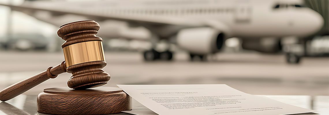 Gavel and Agreement paper on table with airplane in background