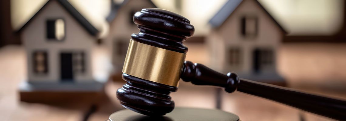 Gavel and wooden houses in background