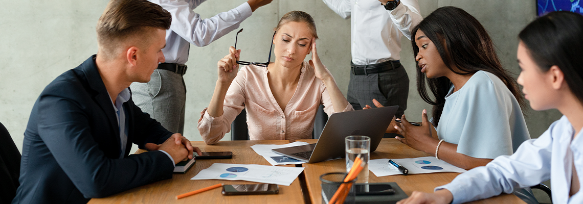Workplace Conflicts. Stressed Group Of Business People Having Disagreements