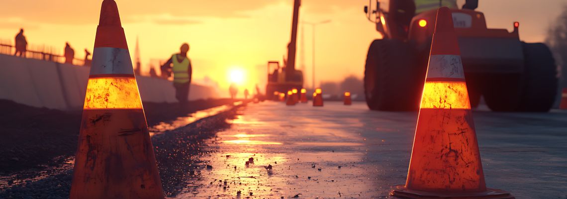 Road construction cones on wet surface