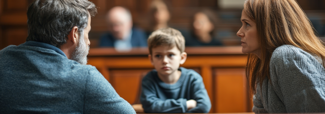 Parents intensely argue about child custody while their young son watches