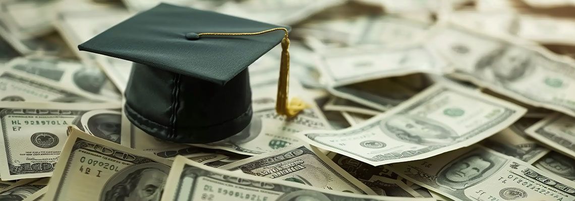 Educational hat and dollar bill on table