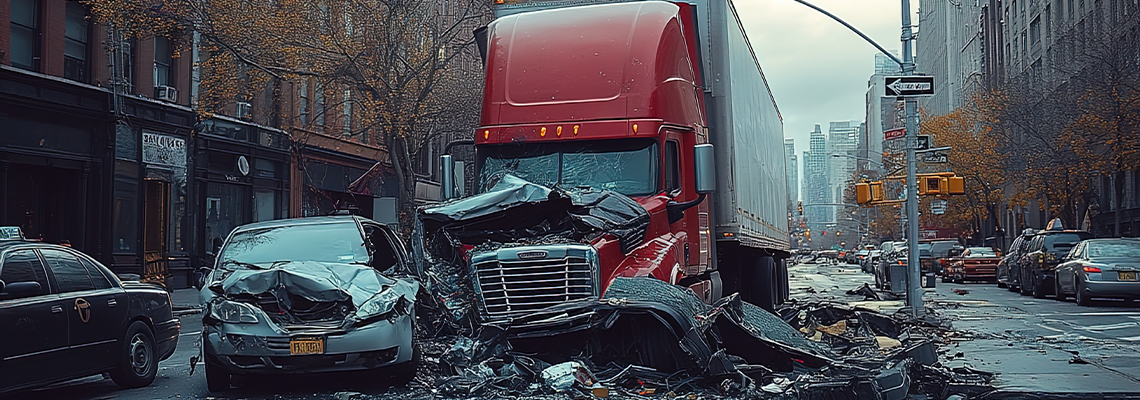 A truck and several cars involved in an accident on the streets