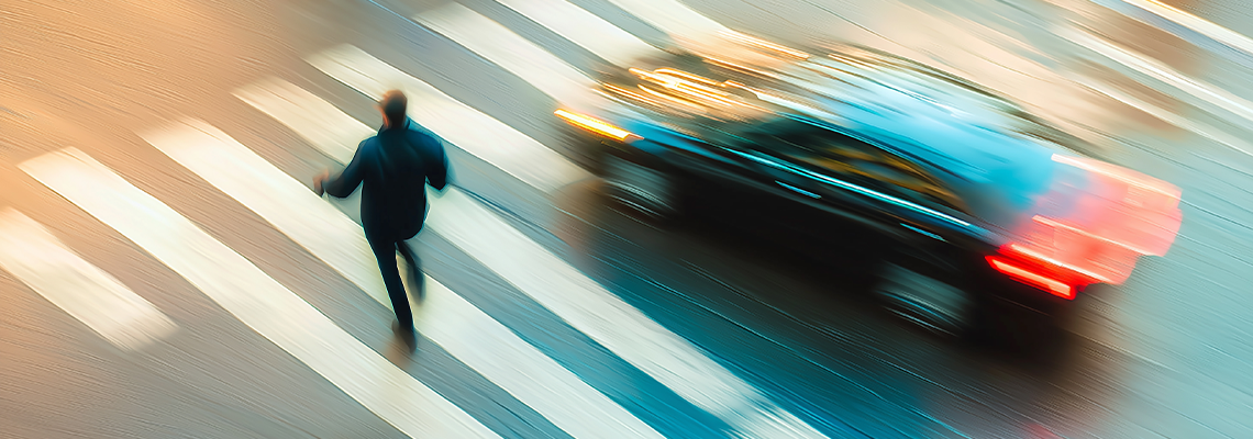 A startled pedestrian narrowly avoids disaster as a car speeds through the crosswalk