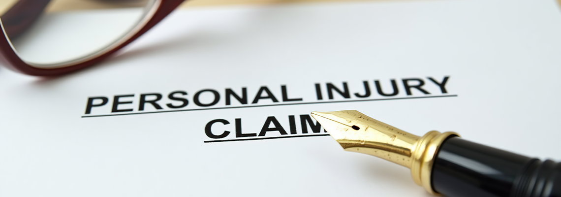 Personal injury claim document with pen and glasses on table