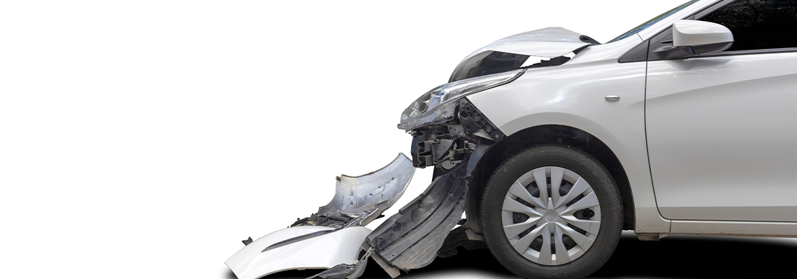 Front of white color car big damaged and broken by accident