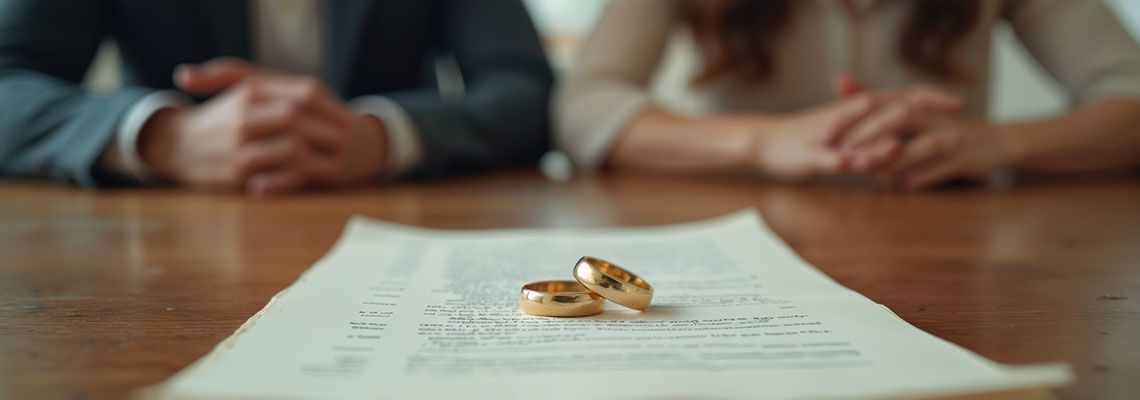 Wedding ring on divorce paper with couples in background