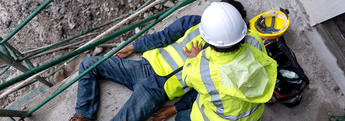 First aid support accident at work of construction worker at site