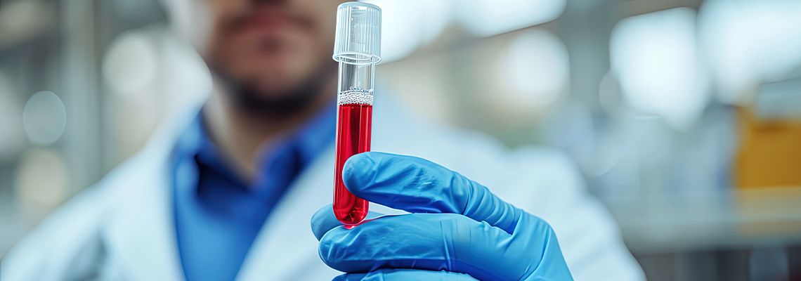 Lab Technician holding blood sample in hand