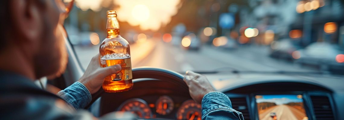 Man driving car with bottle of alcohol in hand