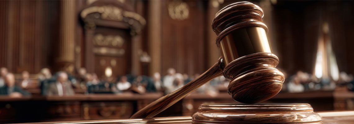 Gavel resting in courtroom desk