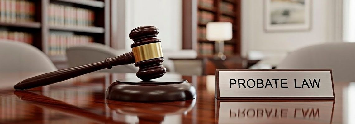 Probate Law plate with gavel on desk