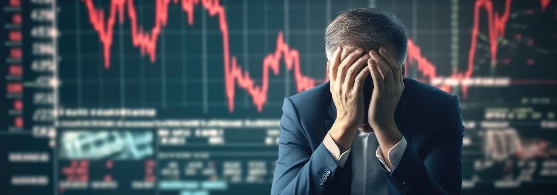 Stressed businessman with falling stock graph in background