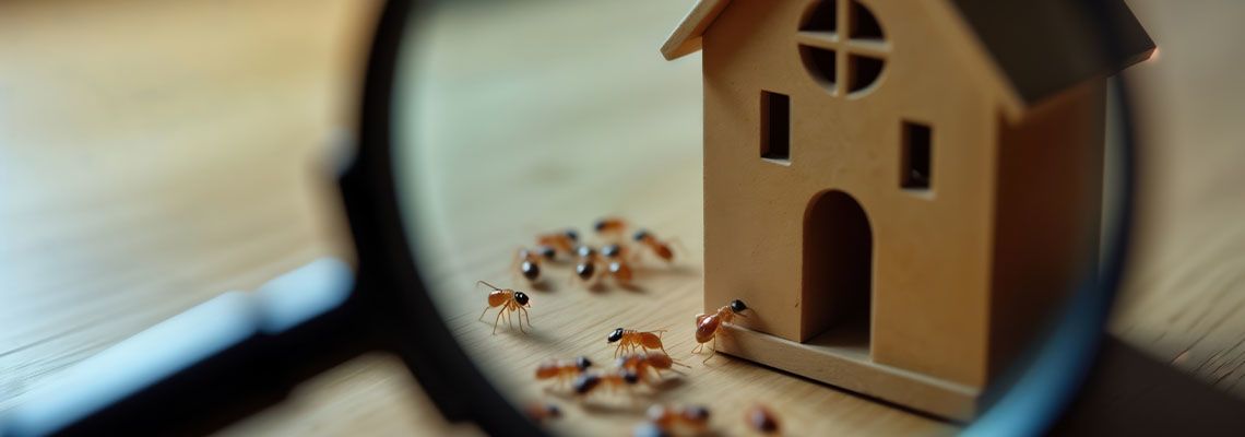 Magnifying glass shows tiny termites near miniature house