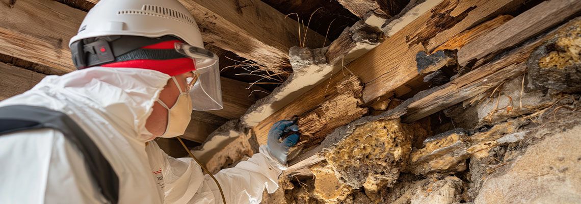 Technician in protective clothing conducting termite inspection