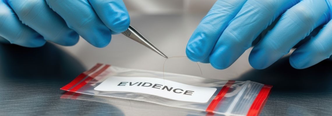 Forensic worker placing a hair sample into evidence bag