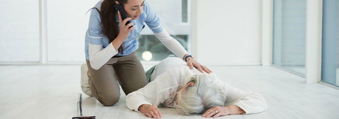 Old women fall on floor and nursing home staff calling for help