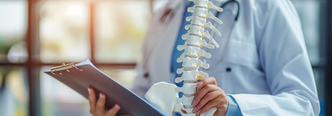 Doctor holding spine model in hand as he reads documents