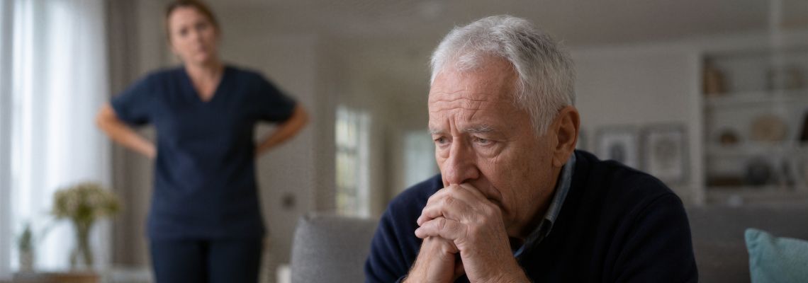 Sad man in nursing home with caregiver besides him