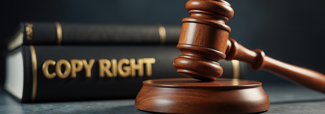 A wooden gavel rests on a circular base beside a black book titled 'COPY RIGHT'