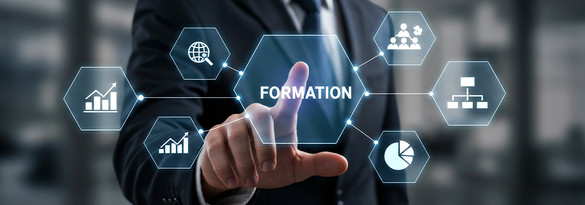 Business formation and data analytics concept featuring interactive digital icons and graphs