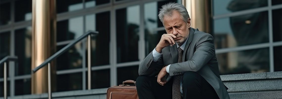 Sad old man sitting in staircase