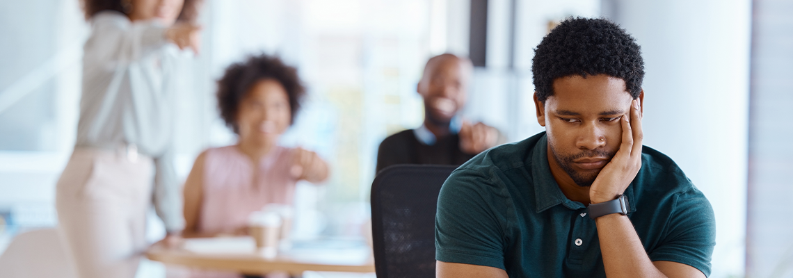 Workplace bullying, depression and gossip of businessman with anxiety