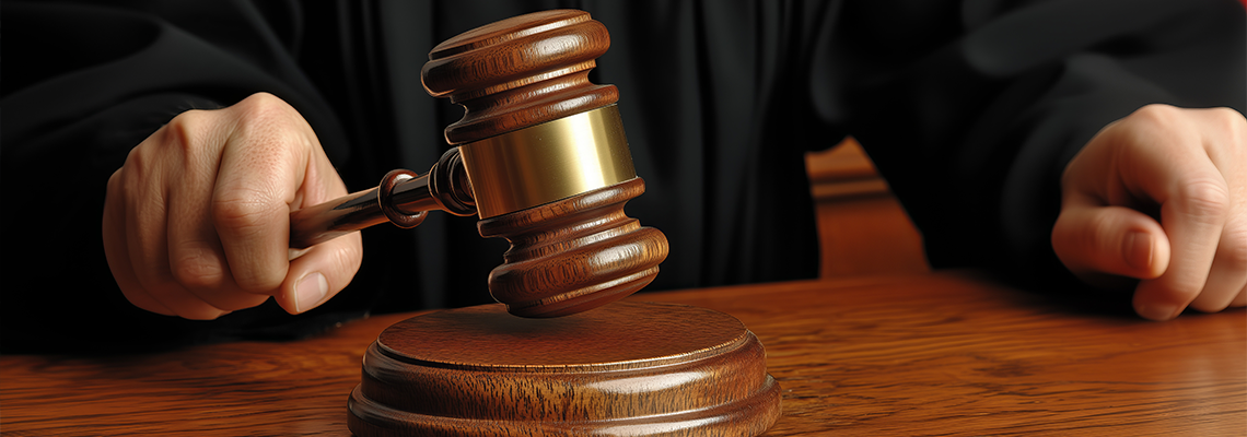 Male judge hand holding striking gavel to bang on sounding block