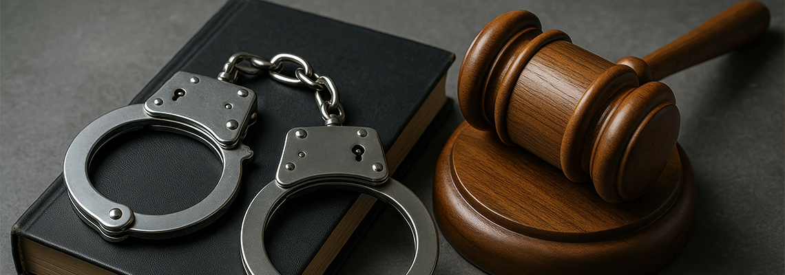 Wooden judge gavel, metal handcuffs, and law book symbolizing justice