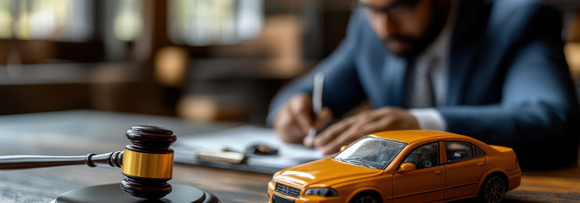 Lawyer reviewing car accident settlement paperwork with a toy car and gavel