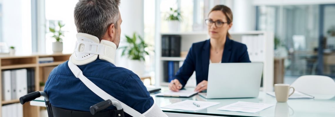 Injured man in wheelchair consulting with attorney